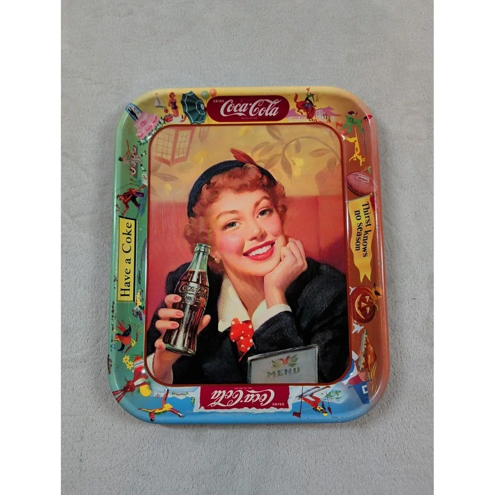 Vtg Coca-Cola Metal Serving Tray Thirst Knows No Season‎ Seasonal Border 1950s